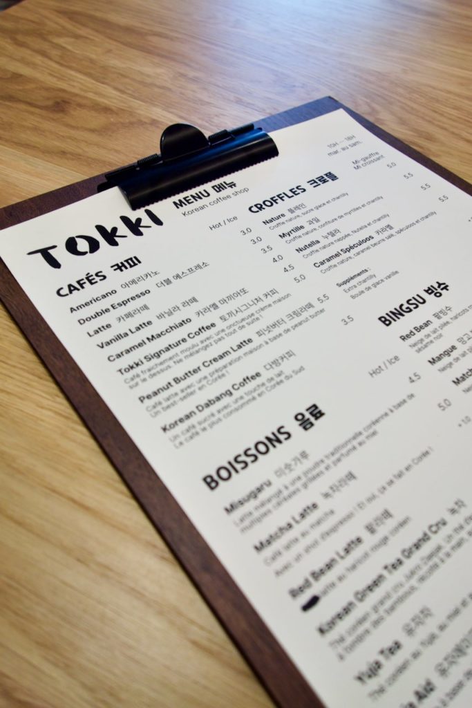 menu du café coréen Tokki