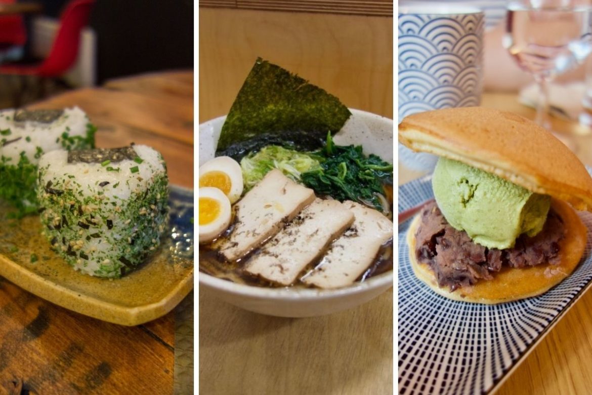 page de couverture intégrant des onigiri aux algues, un bol de ramen au tofu et ajitamago et un doraiyaki glace matcha et azuki