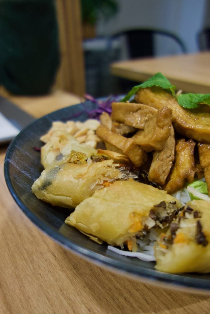 Gros plan sur les nems et le tofu du bobun