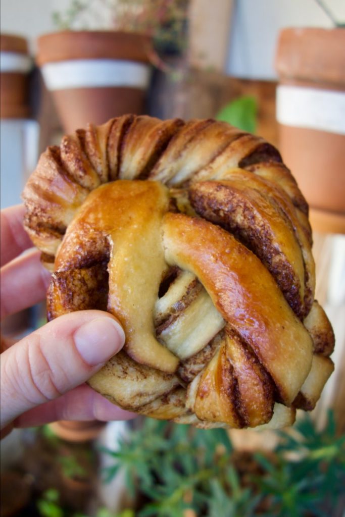 kanelbullar tenu dans une main devant des pots de fleurs en terre