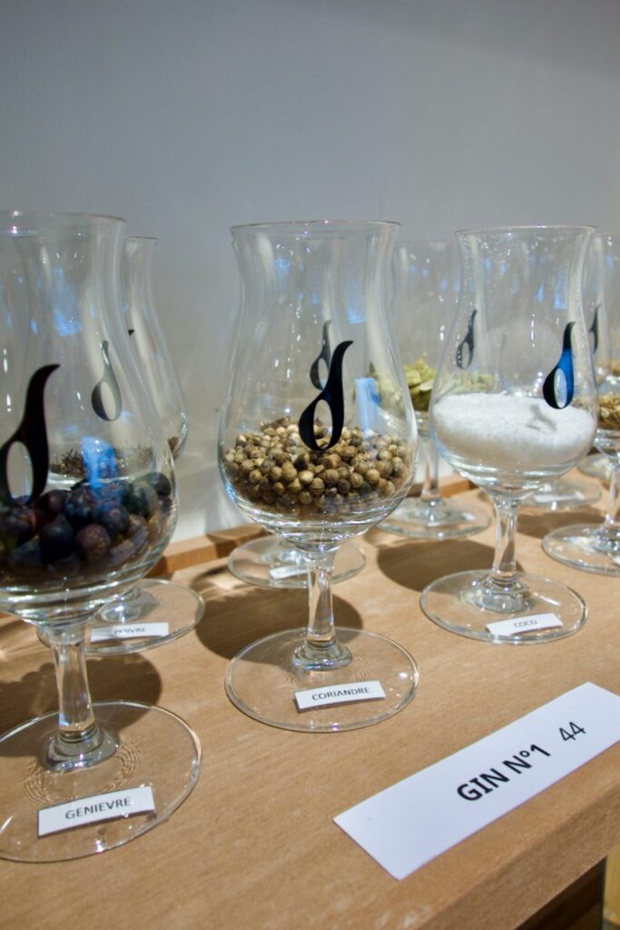 Graines de coriandre, baies de genièvre et coco dans des verres à spiritueux