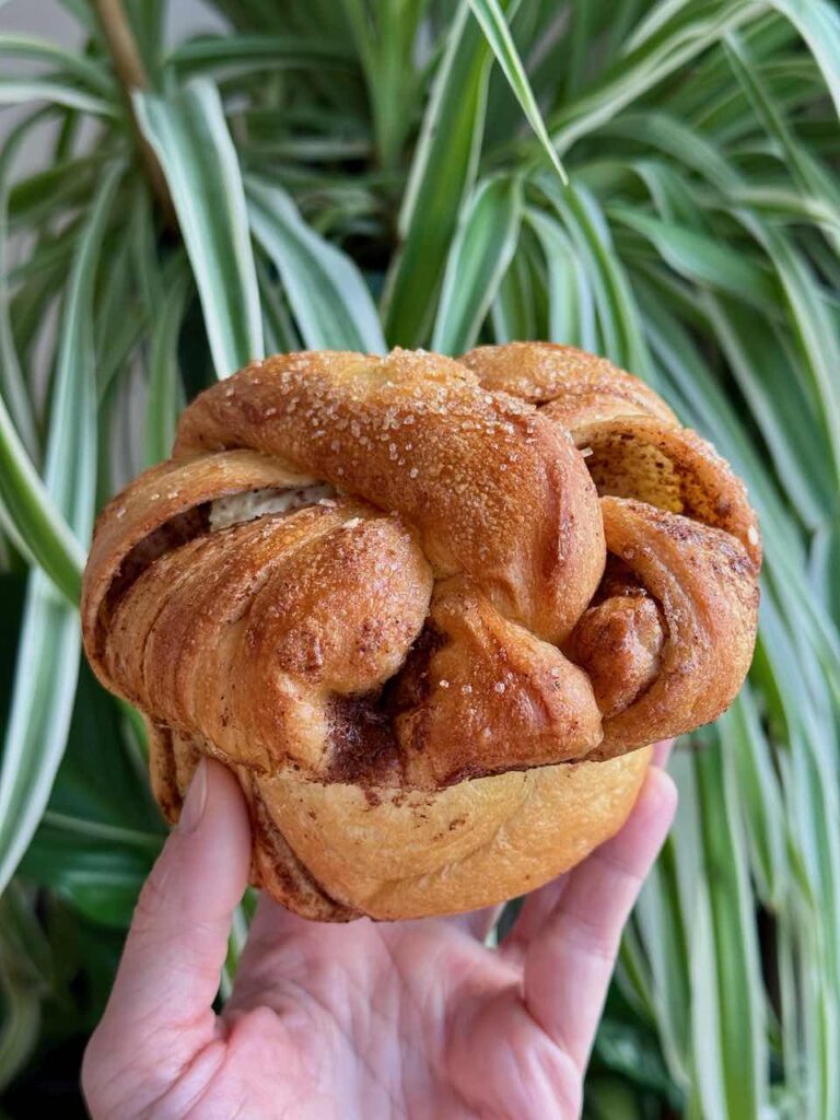Cinnamon roll tressé tenu dans la main