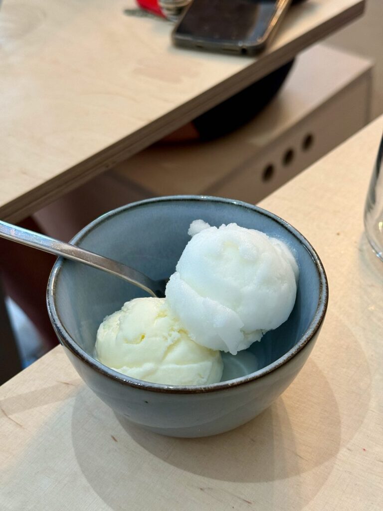 Deux boules de glace blanche et écru dans un bol bleu